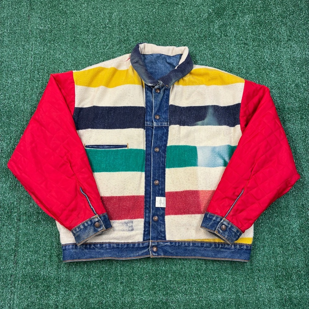 Vintage Levi's Hudson Bay Stripe Lined Jean Jacket Black Tab Usa - Picture 4 of 9
